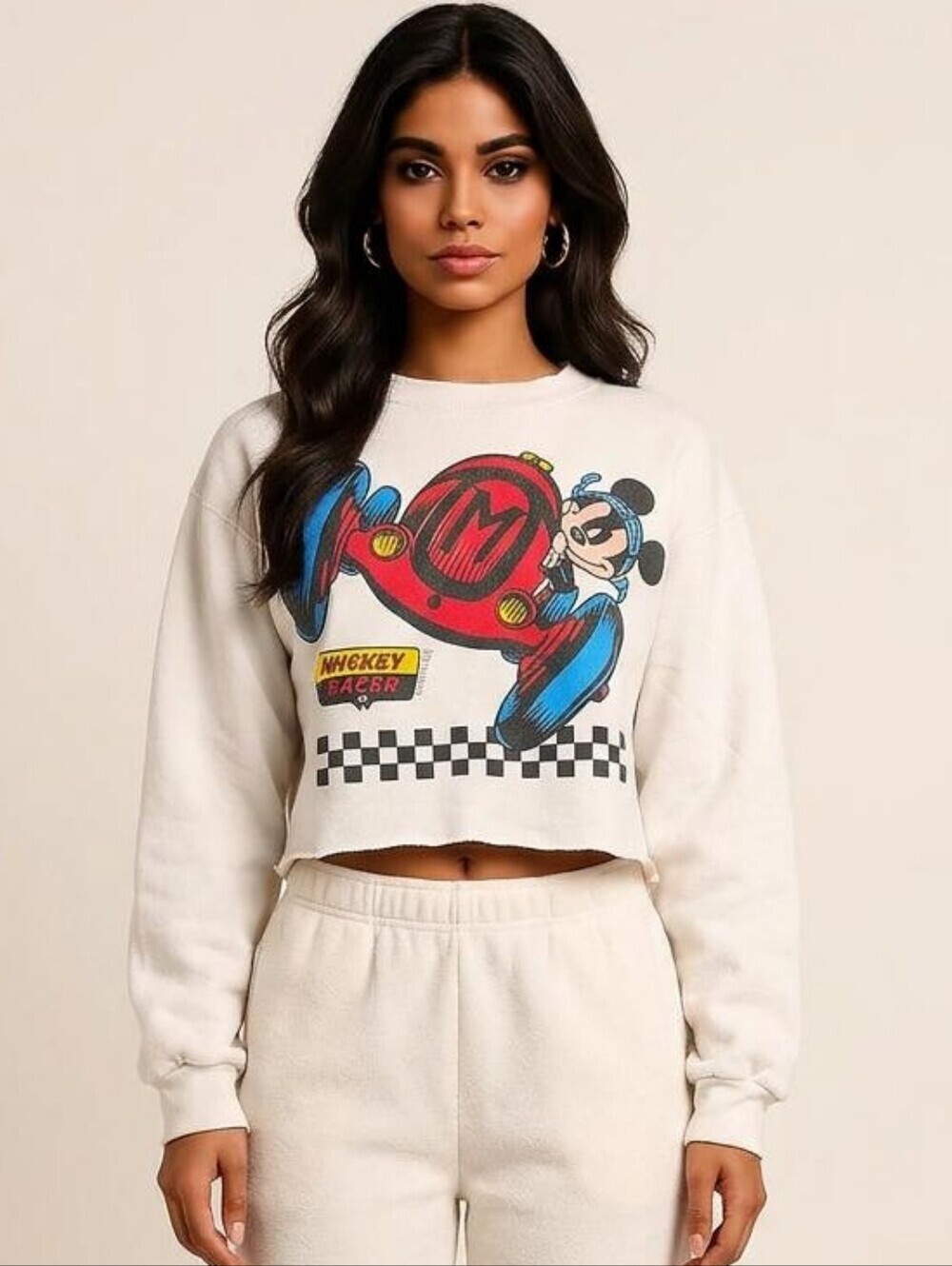 Vintage Mickey Racer Graphic Cropped Sweatshirt - White